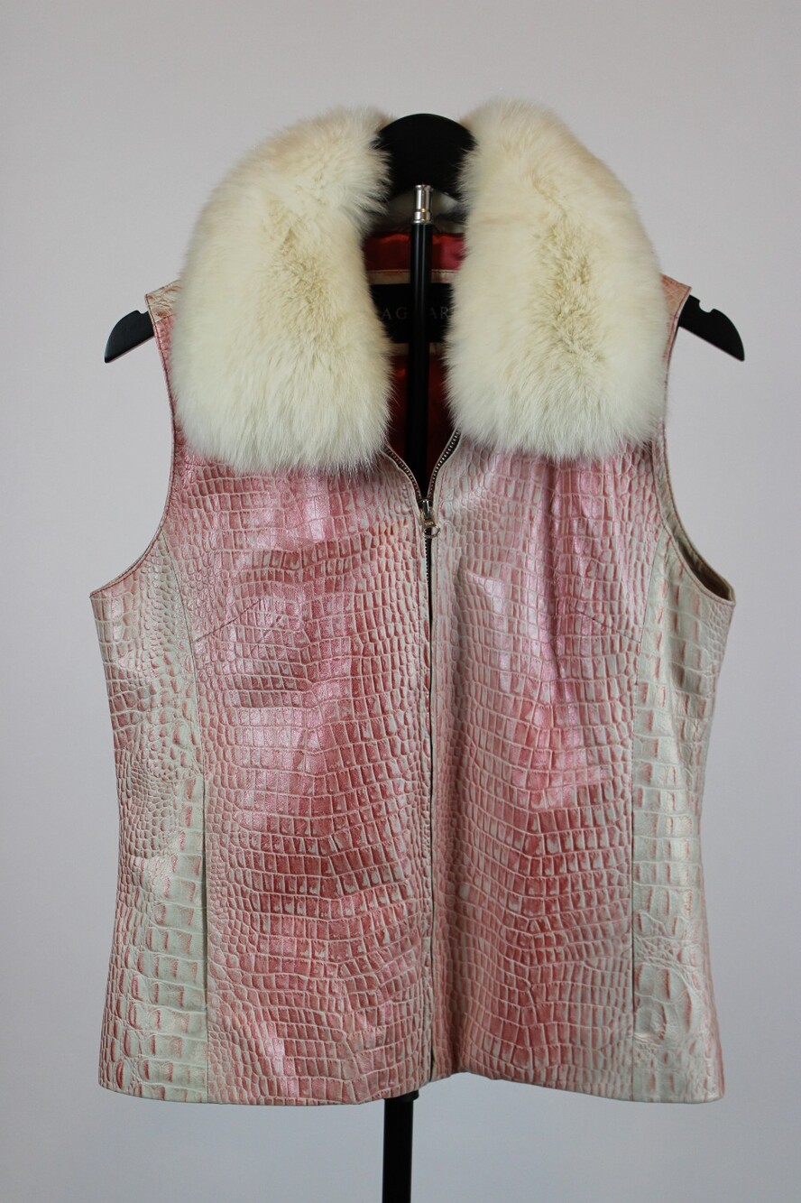 Saguaro Vintage Croc Pink Real Leather Vest – Real Fur Collar – Retro/Y2K